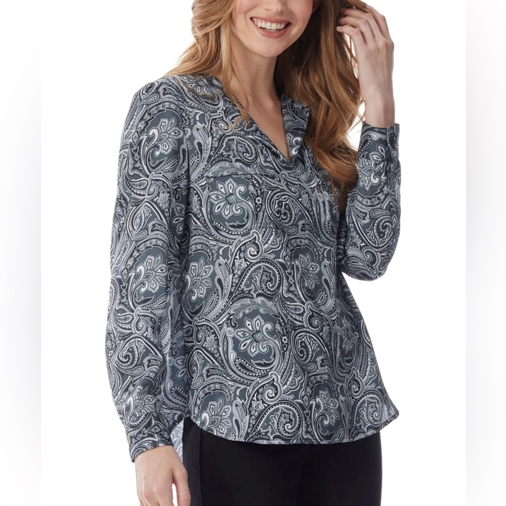 Banana Republic Black and Gray Buttoned Blouse with Mandarin Collar